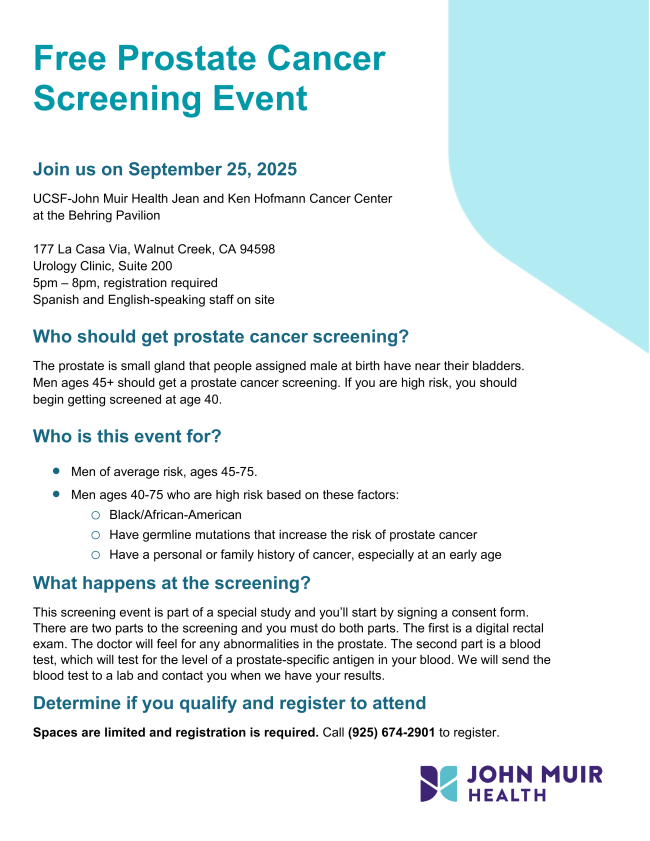 JMH Prostate Cancer Screening Event flyer open to the public 7.23